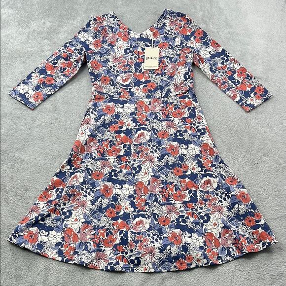 NEW PACT S Organic Cotton Stretch Autumn Cosmos Fit & Flare Midi Party‎ Dress HS - Picture 1 of 10